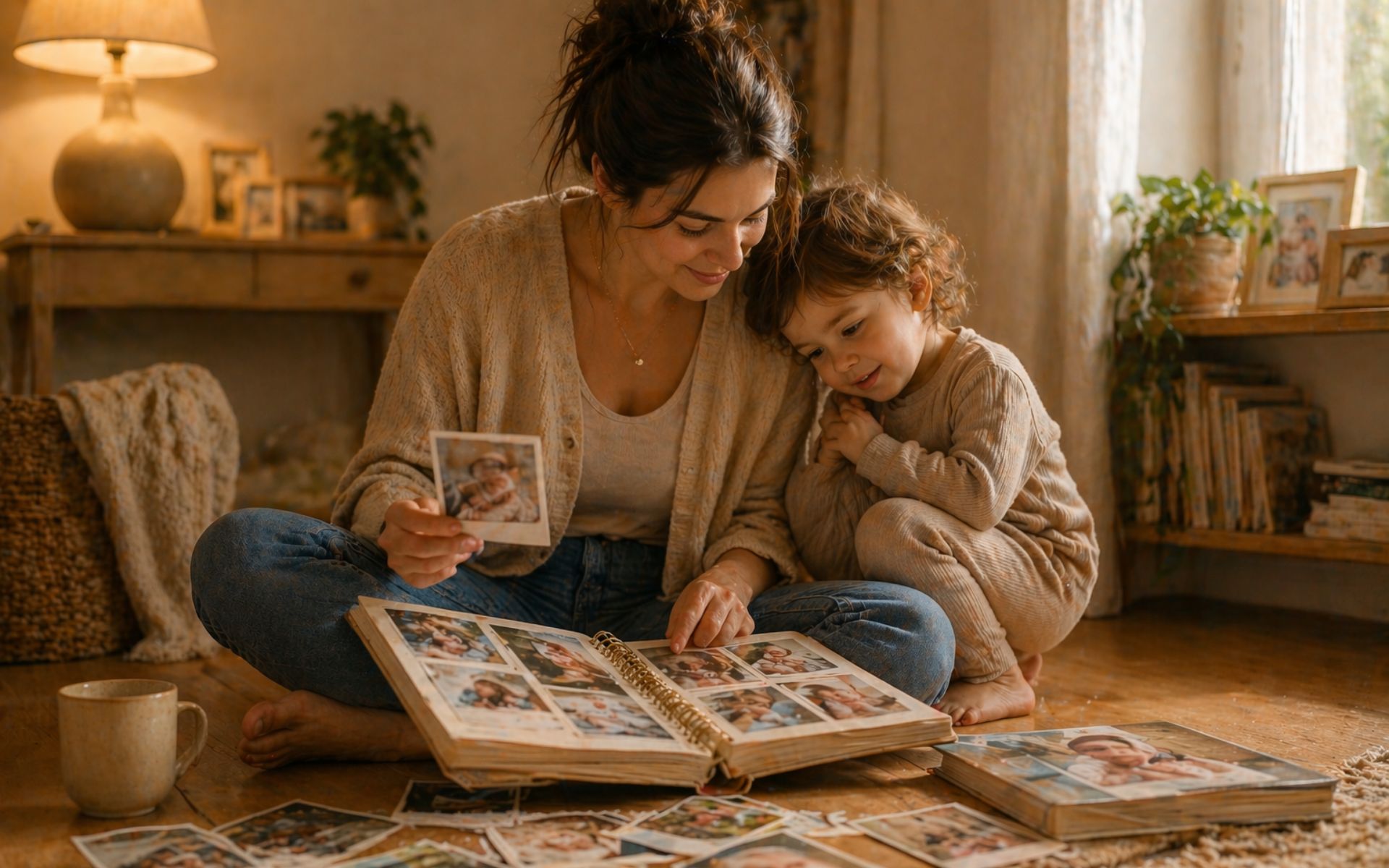 Parent looking through family photo memories with child